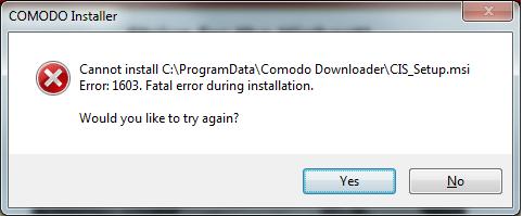 comodo firewall errore 1603